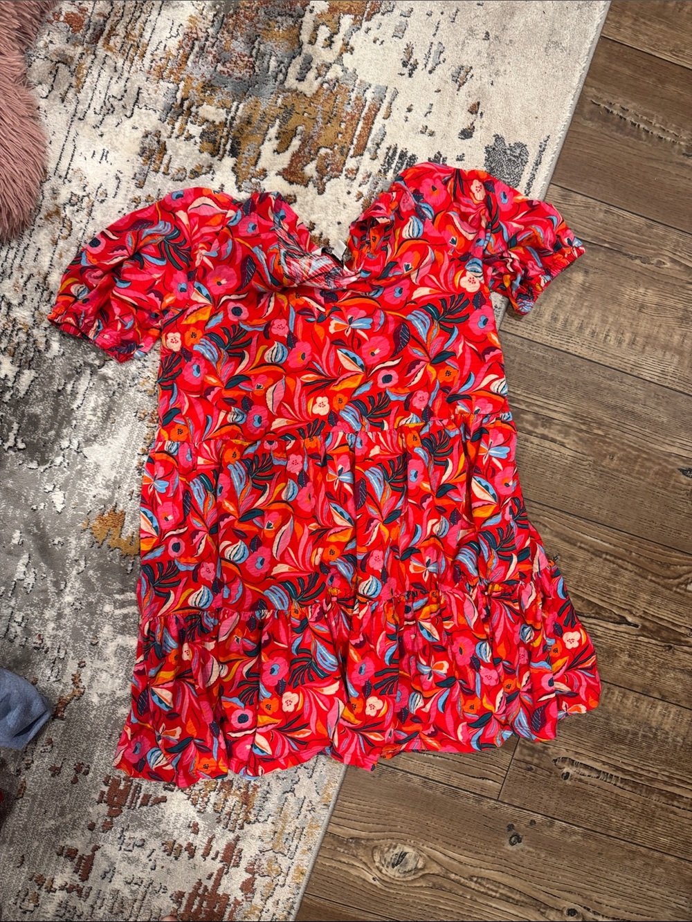 Vibrant Red Floral Ruffled Short Dress